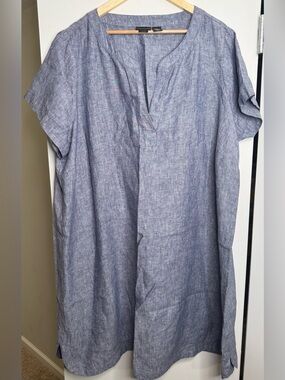 Tahari 100% Linen Blue Chambray Shift Dress Tunic Plus Size 3X